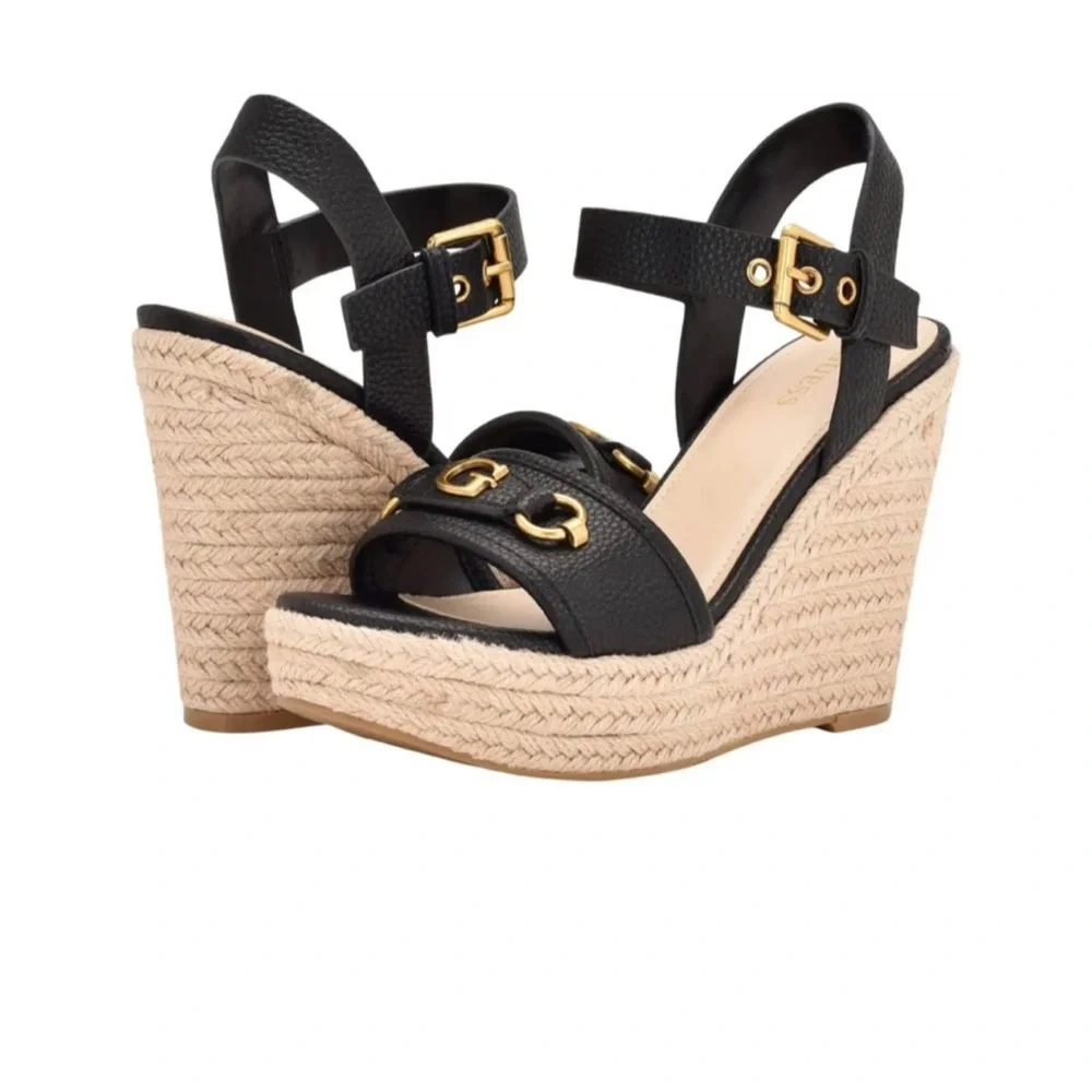 Guess Hisley Espadrille Wedge Sandal Black Size 11M NEW